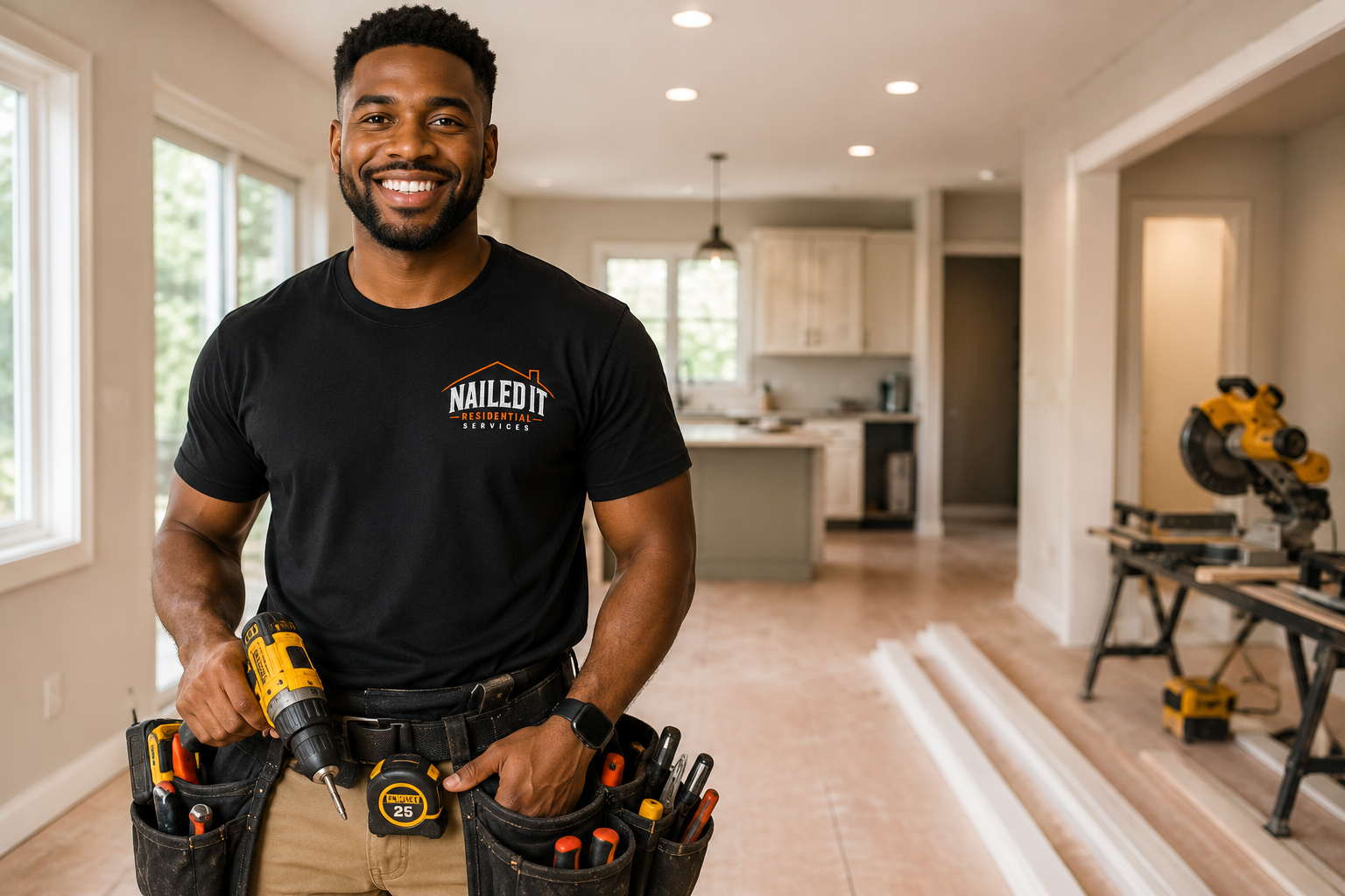 Smiling South Florida handyman with tool belt and drill on a residential job site
